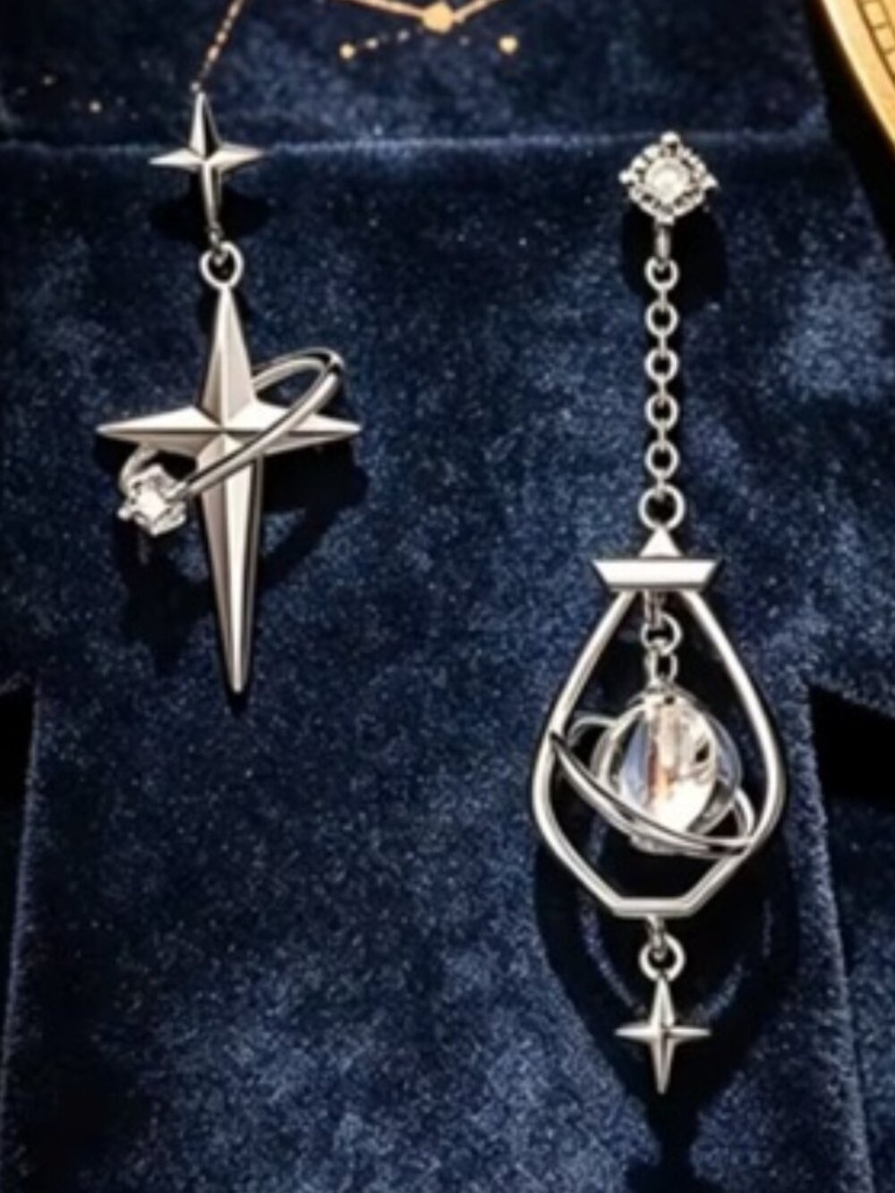 DESIGNER Cosmic Silver Planet Saturn/Stars Clear Crystal Mismatch Earrings**NEW! - Picture 2 of 3